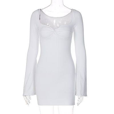 Solid Color Tight Dress White Square Collar High Heels Tight Dress Flared Sleeves