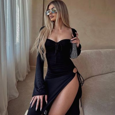 Long Sleeved Package Hip Dress Sexy Hottie Halter Waist Dress Black Tight