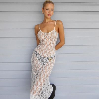 Perspective Mesh Halter Dress Small Plum Flower Backless Long See Through Skirt