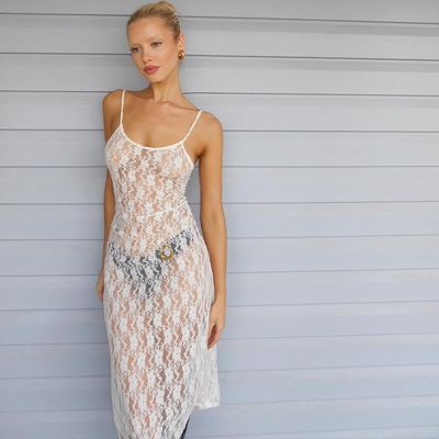 Perspective Mesh Halter Dress Small Plum Flower Backless Long See Through Skirt
