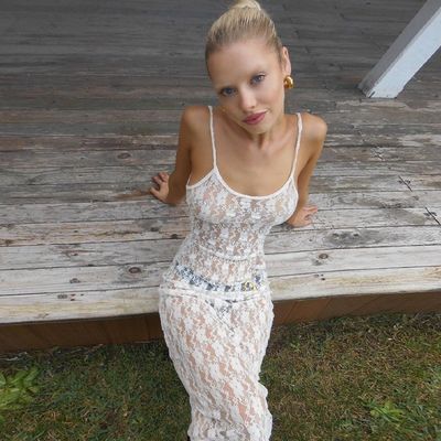 Perspective Mesh Halter Dress Small Plum Flower Backless Long See Through Skirt