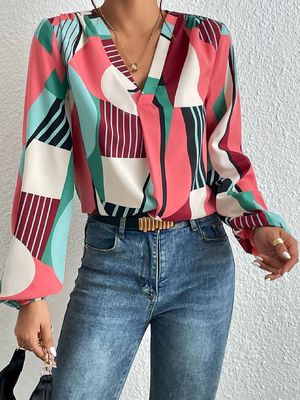 Geometric Print Decal T Shirt Dacron Long Sleeve Top For Ladies