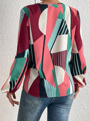 Geometric Print Decal T Shirt Dacron Long Sleeve Top For Ladies