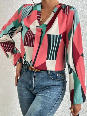 Geometric Print Decal T Shirt Dacron Long Sleeve Top For Ladies