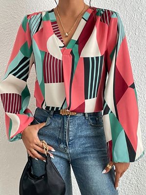 Geometric Print Decal T Shirt Dacron Long Sleeve Top For Ladies