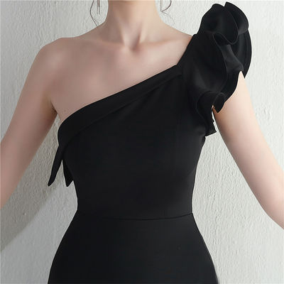 Black Slim Evening Dress Irregular Ruffled Edge Sexy Floor Length Dress With Hip Bag