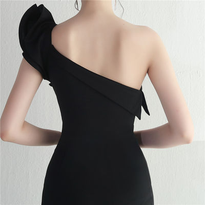 Black Slim Evening Dress Irregular Ruffled Edge Sexy Floor Length Dress With Hip Bag