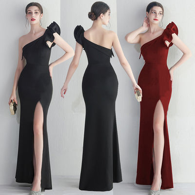 Black Slim Evening Dress Irregular Ruffled Edge Sexy Floor Length Dress With Hip Bag