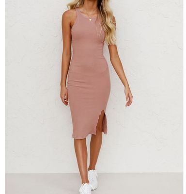 Long Slim Knitted Dress Solid Color Vest Slim Long Knit Dress With Slit