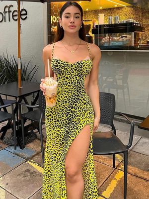 Sexy Backless Hip Split Dress Fashion Hottie Leopard Halter Dress