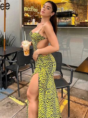 Sexy Backless Hip Split Dress Fashion Hottie Leopard Halter Dress