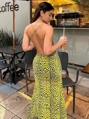 Sexy Backless Hip Split Dress Fashion Hottie Leopard Halter Dress