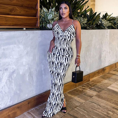 Sexy Print Stylish Ladies Dress Zebra Stripe V Neck Halter Dress