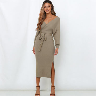 Long Skirt Womens Sweater Dress Sexy V Neck Sweater Knit Dress
