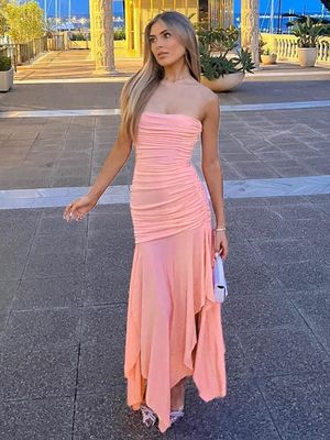 Solid Color Wrap Chest Dress Layered Sexy Pleated Dress Irregular Double Layer Dress