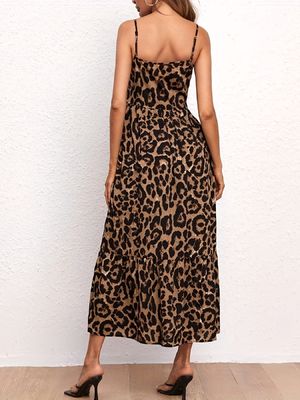 Leopard Print Women'S Belted Dress Sexy Halter Dress Halter Dress Slit