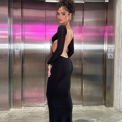 New Hottie Sexy Low Back Dress Hollow Out Dress Long Sleeved Hip Bag Solid Color Dress