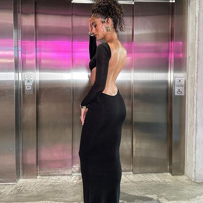 New Hottie Sexy Low Back Dress Hollow Out Dress Long Sleeved Hip Bag Solid Color Dress