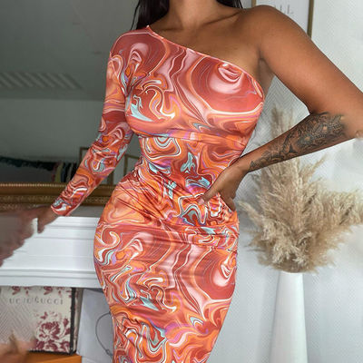 Fashion Print Hip Package Dress Diagonal Shoulder Long Sleeve Slim Fit Dress Hip Wrap