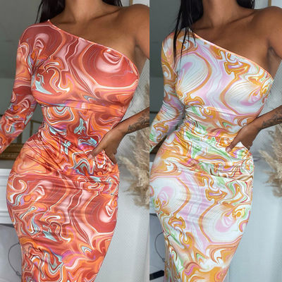 Fashion Print Hip Package Dress Diagonal Shoulder Long Sleeve Slim Fit Dress Hip Wrap