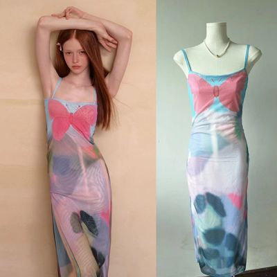 Pink Blue Butterfly Halter Dress French Slit Slim Sexy Dress  Waist Slimming