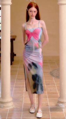 Pink Blue Butterfly Halter Dress French Slit Slim Sexy Dress  Waist Slimming