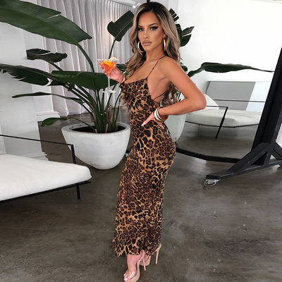 Leopard Print Stylish Ladies Dress Sexy Backless Slim Fit MIDI Dress