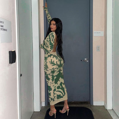 Print Womens Stylish Dresses Sexy Leakback Open Back Dress With Sleeves Slim Fit
