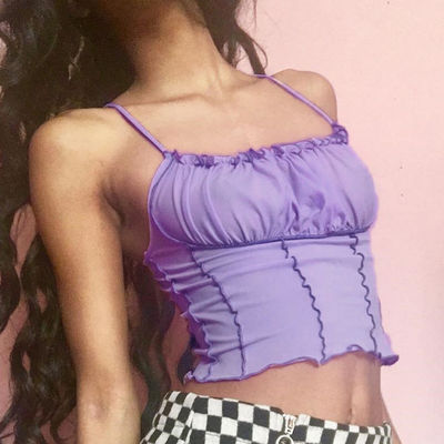 Purple Comfortable Ladies Camisole Vest Stylish Tight Cotton Tank Top Pleated Wavy Edge
