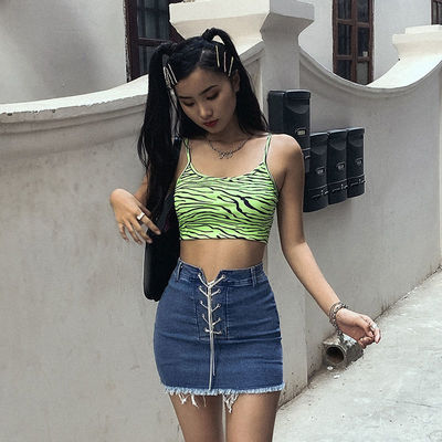 Fashion Ladies Camisole Vest Fluorescent Green Zebra Print Camisole Slim Fit Sexy Crop