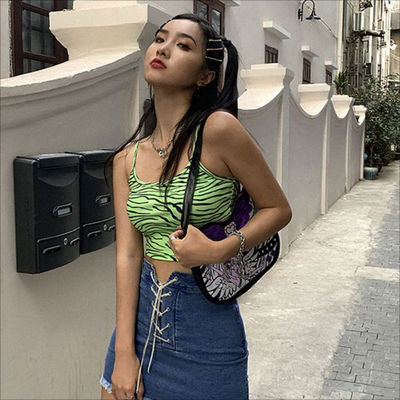 Fashion Ladies Camisole Vest Fluorescent Green Zebra Print Camisole Slim Fit Sexy Crop