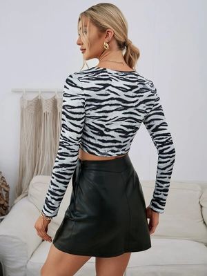 All Matching Decal T Shirt V Neck Drawstring Short Women Zebra Print Long Sleeve Shirt