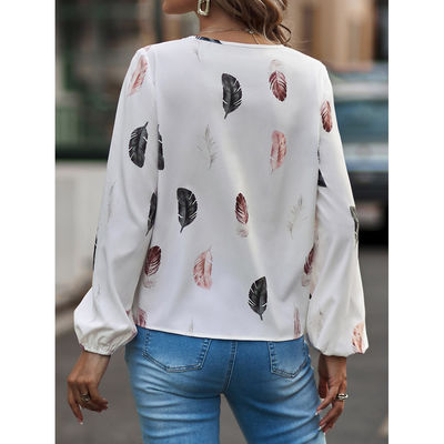 Women'S V-Neck Feather Print T Shirt Casual Loose Fit Long Sleeve Top
