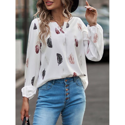 Women'S V-Neck Feather Print T Shirt Casual Loose Fit Long Sleeve Top