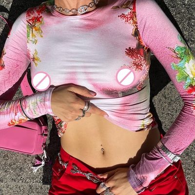 Casual Womens Long Sleeve T Shirts Spice Print Slim Fit Crew Neck Long Sleeve Top