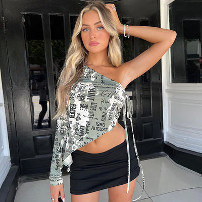 Women'S Decal T Shirt Fashion Sexy Diagonal Collar One Shoulder Crop Tops Side Lacing Sexy Crop Print Top