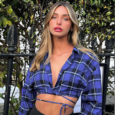 Stylish Plaid Sexy Women Button Up T Shirt V Neck Long Sleeve T Shirt With Low Waist