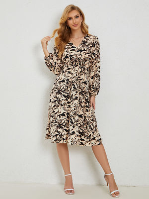 Fitted Floral Print Frock Women'S V Neck Floral Dress Lantern Sleeve A Line Skirt
