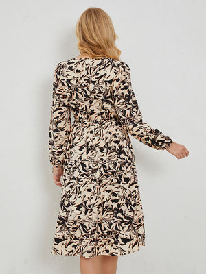 Fitted Floral Print Frock Women'S V Neck Floral Dress Lantern Sleeve A Line Skirt