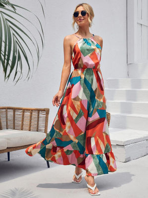 Sleeveless Floral Print Frock Stylish Floral Halter Dress Maxi Skirt