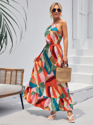 Sleeveless Floral Print Frock Stylish Floral Halter Dress Maxi Skirt