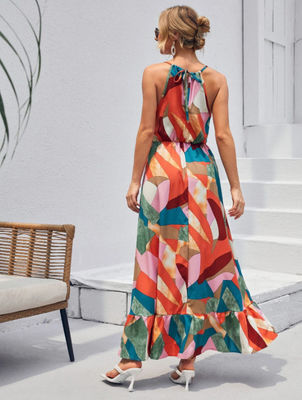 Sleeveless Floral Print Frock Stylish Floral Halter Dress Maxi Skirt