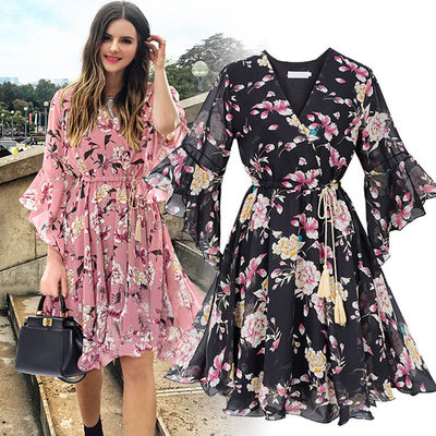 Short Sleeved Knee Length Floral Dress V Neck Flared Sleeve Ruffled Chiffon Dress
