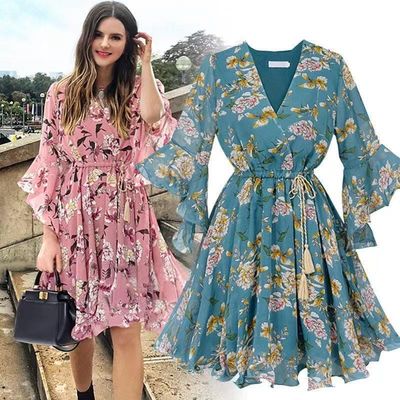 Short Sleeved Knee Length Floral Dress V Neck Flared Sleeve Ruffled Chiffon Dress