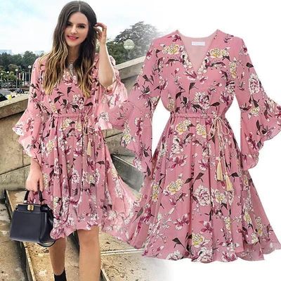 Short Sleeved Knee Length Floral Dress V Neck Flared Sleeve Ruffled Chiffon Dress
