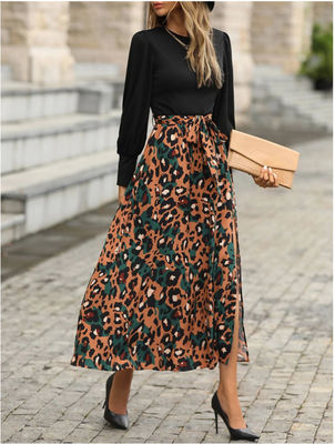 Women'S Stylish  Floral Print Frock Printed Long Sleeve Patchwork Dress