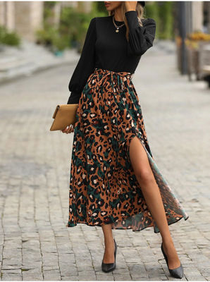 Women'S Stylish  Floral Print Frock Printed Long Sleeve Patchwork Dress
