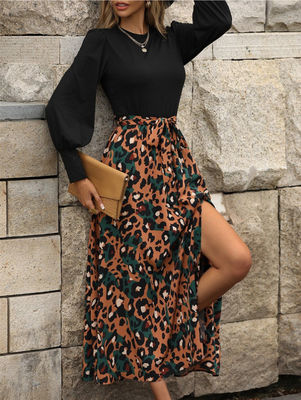 Women'S Stylish  Floral Print Frock Printed Long Sleeve Patchwork Dress