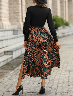 Women'S Stylish  Floral Print Frock Printed Long Sleeve Patchwork Dress