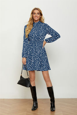 Round High Neck Floral Print Frock Fashion Women Lantern Long Sleeve Floral Gown